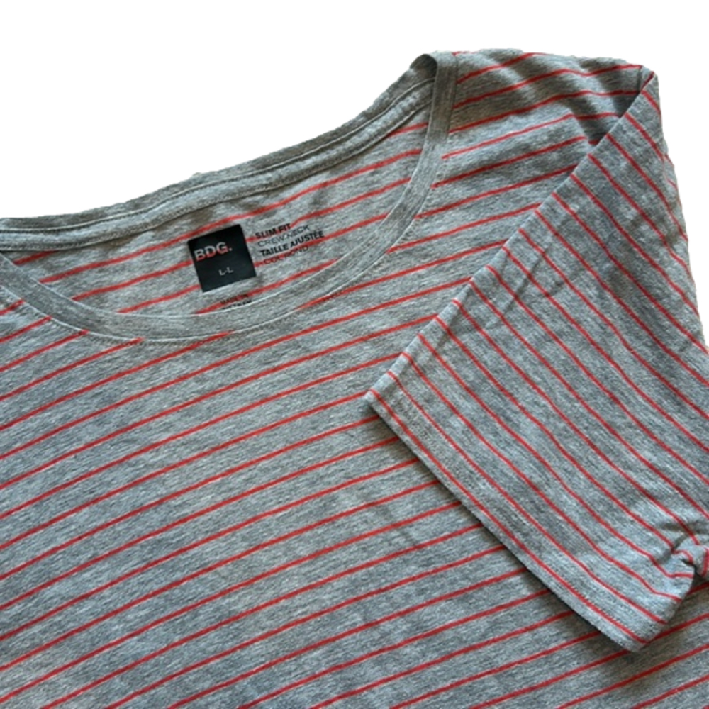 BDG Urban Outfitters Men's Grey and Red Striped Slim Fit Crew Neck T-Shirt - Picture 3 of 4
